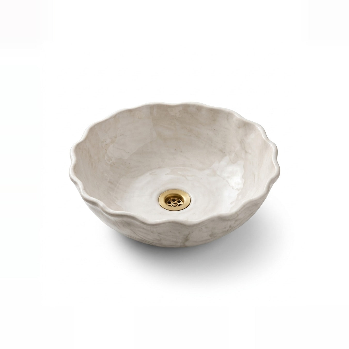 Ivory Shell Moroccan ceramic vessel sink - warm ivory basin with organic scalloped shell edge and gold drain