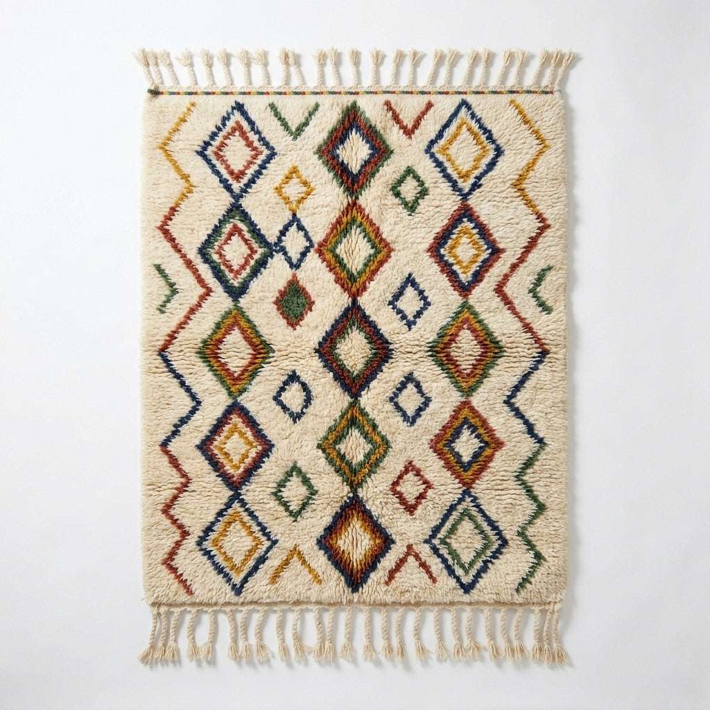 Jewel Lattice Azilal rug, handwoven wool with red, blue, green and mustard diamonds, flat lay top view