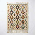 Jewel Lattice Azilal rug, handwoven wool with red, blue, green and mustard diamonds, flat lay top view