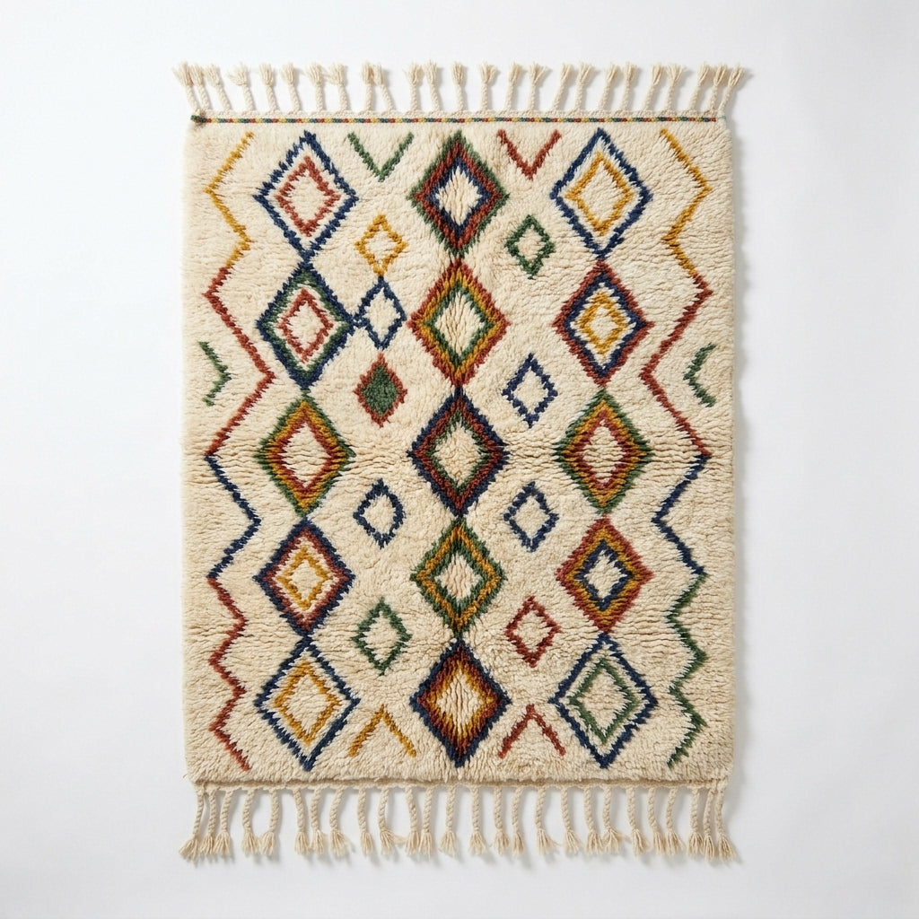 Jewel Lattice Azilal rug, handwoven wool with red, blue, green and mustard diamonds, flat lay top view