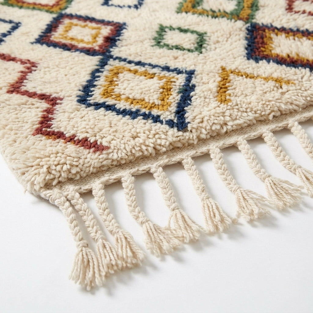 Jewel Lattice Azilal rug — hand-knotted fringe detail close-up