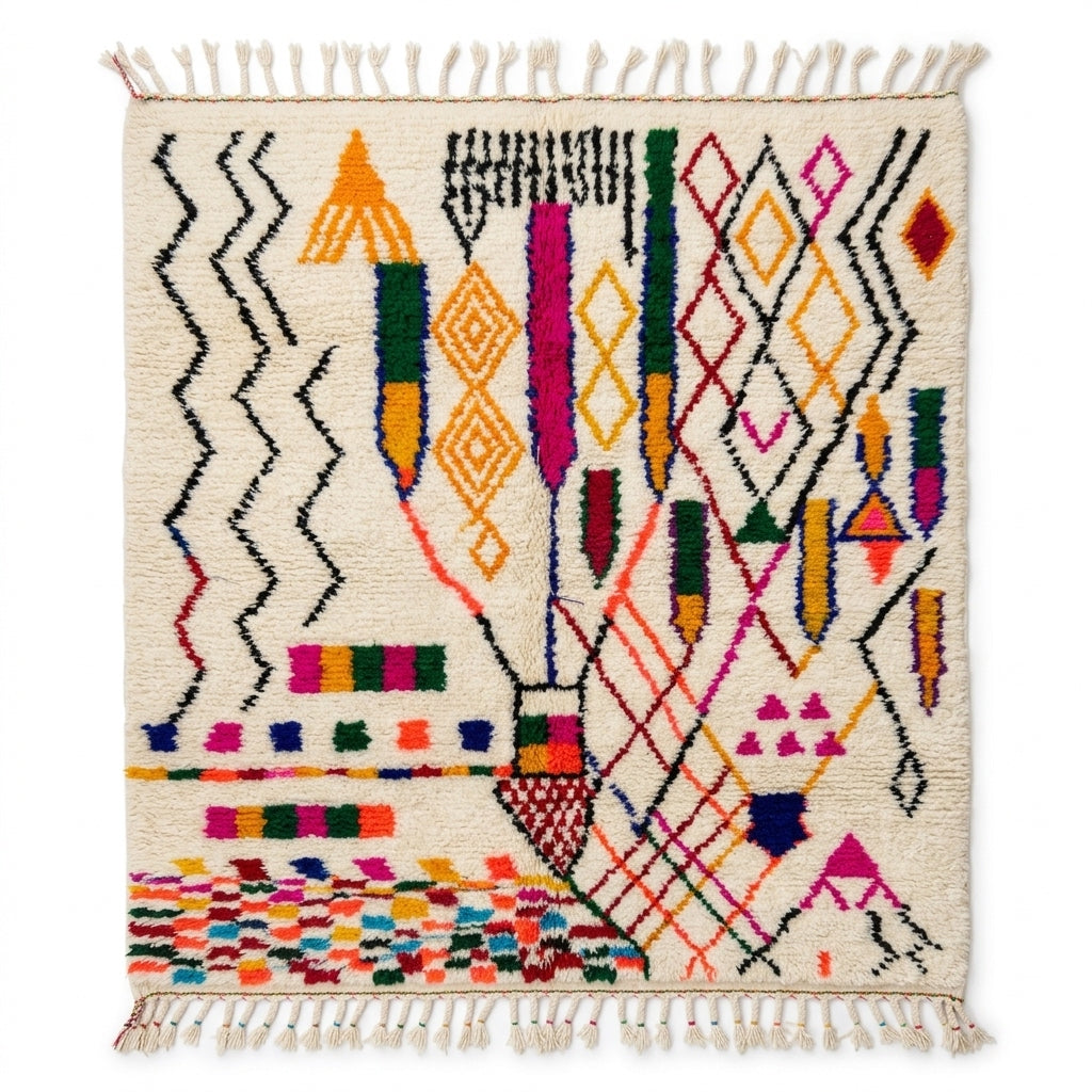 Joyful Confetti Azilal rug, handwoven wool with vibrant multicolor motifs with confetti, flat lay top view