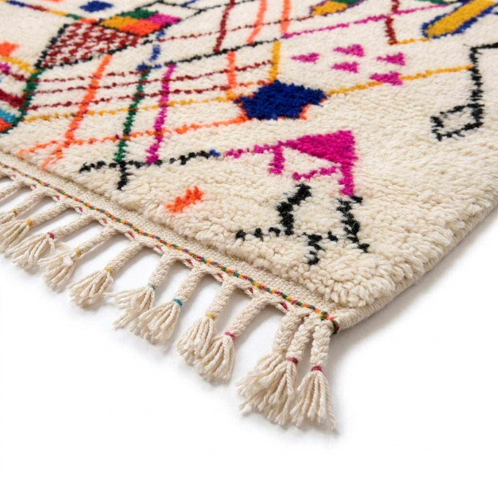 Joyful Confetti Azilal rug — hand-knotted fringe detail close-up