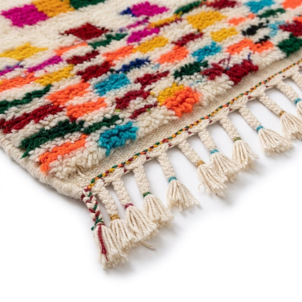 Joyful Confetti Azilal rug — hand-knotted fringe detail close-up