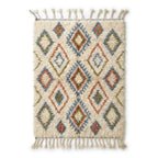 Lattice Earth Azilal rug, handwoven wool with a terracotta, blue and green diamond lattice, flat lay top view