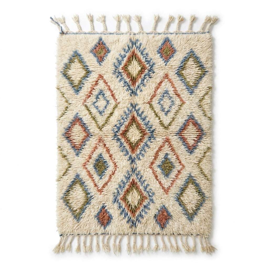Lattice Earth Azilal rug, handwoven wool with a terracotta, blue and green diamond lattice, flat lay top view
