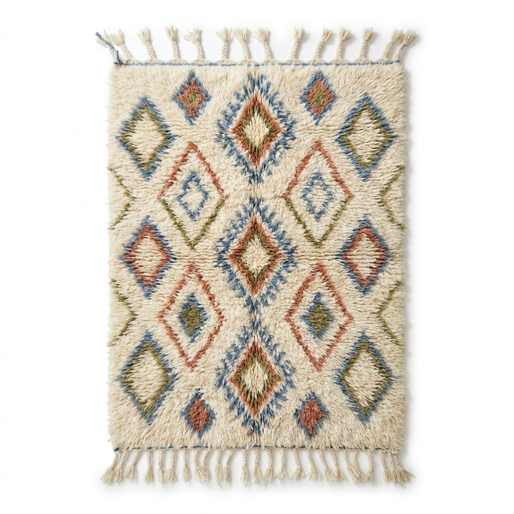 Lattice Earth Azilal rug, handwoven wool with a terracotta, blue and green diamond lattice, flat lay top view