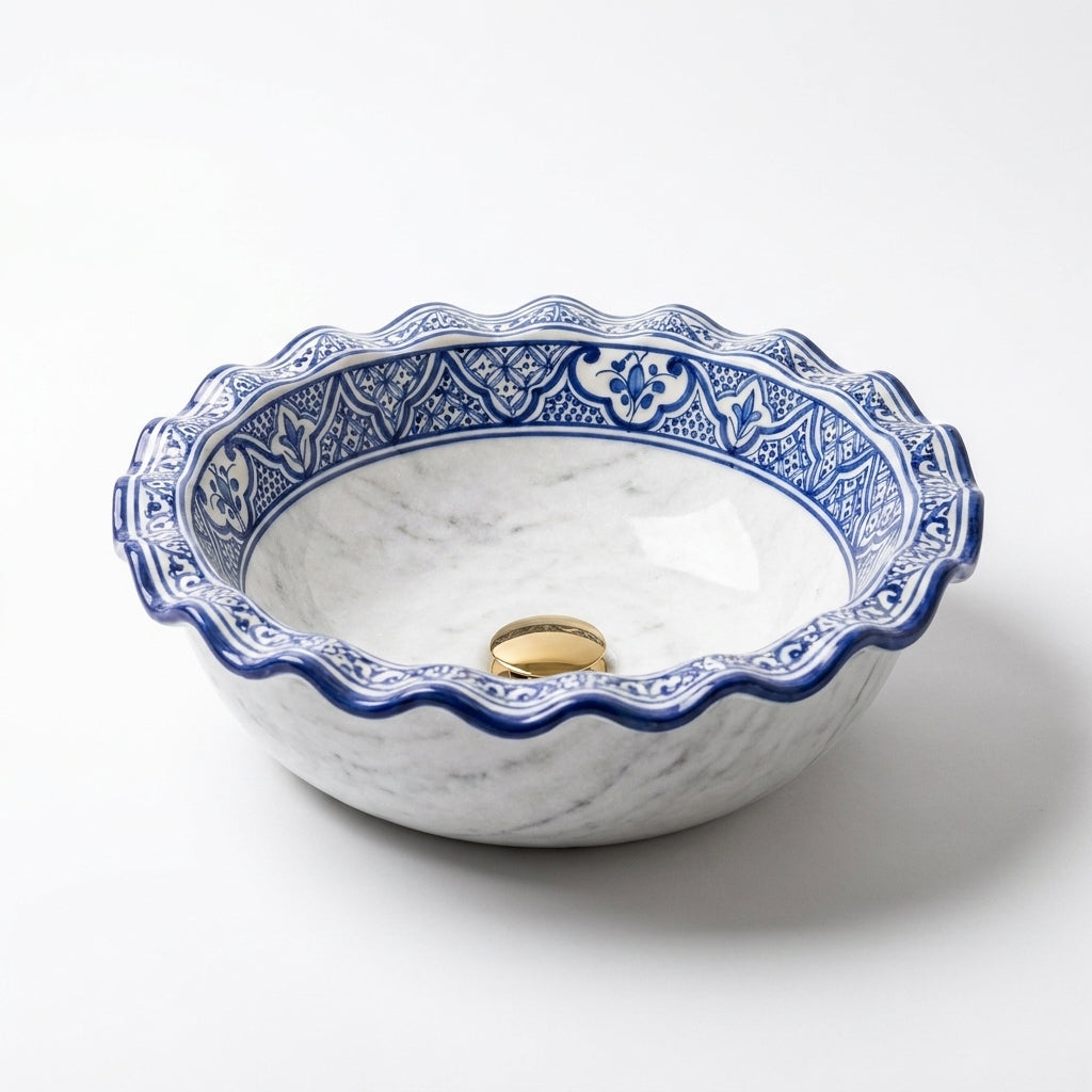 Marble and Blue Wave Moroccan ceramic sink - angled view of wavy rim