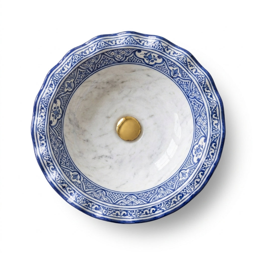 Marble and Blue Wave Moroccan ceramic sink - side view