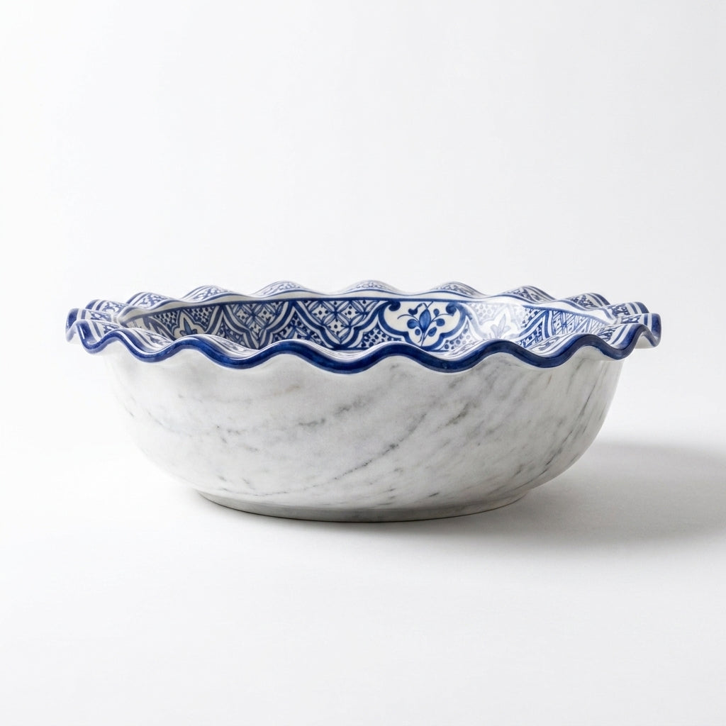 Marble and Blue Wave Moroccan ceramic sink - view of blue rim band