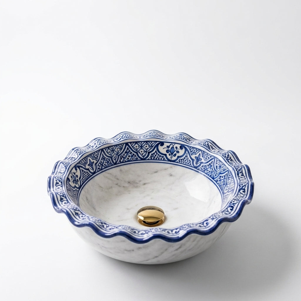 Marble and Blue Wave Moroccan ceramic sink - top view of marble basin