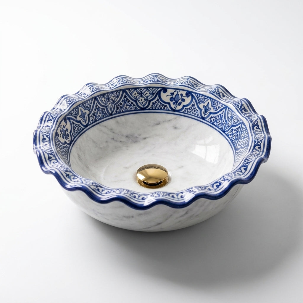 Marble and Blue Wave Moroccan ceramic sink - detail of patterned rim