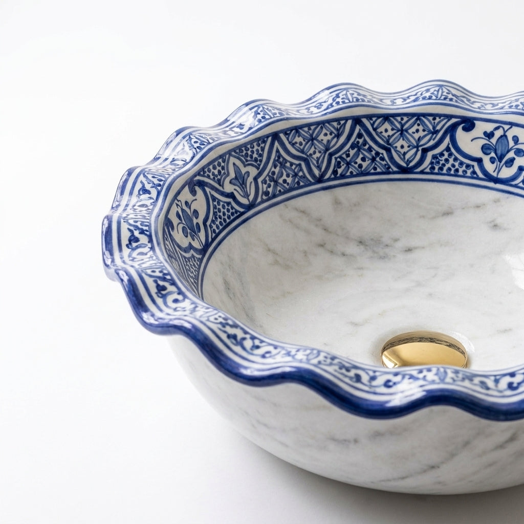 Marble and Blue Wave Moroccan ceramic sink - macro of blue and white rim detail
