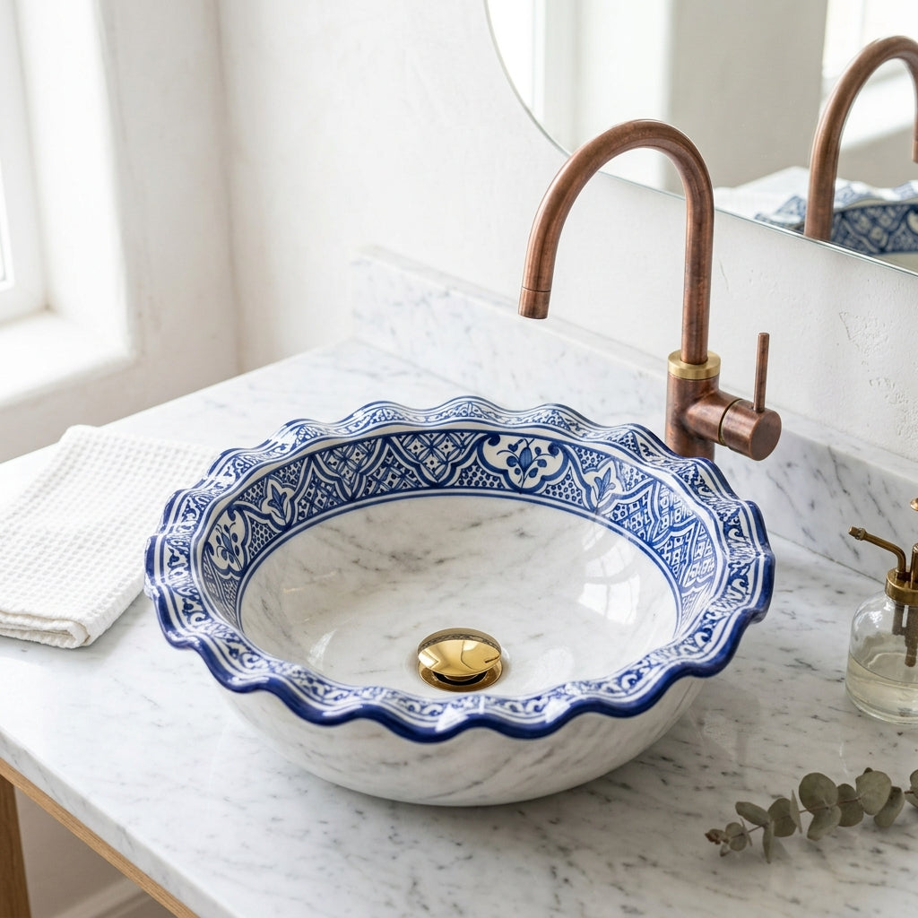 Marble and Blue Wave Moroccan ceramic vessel sink - full view