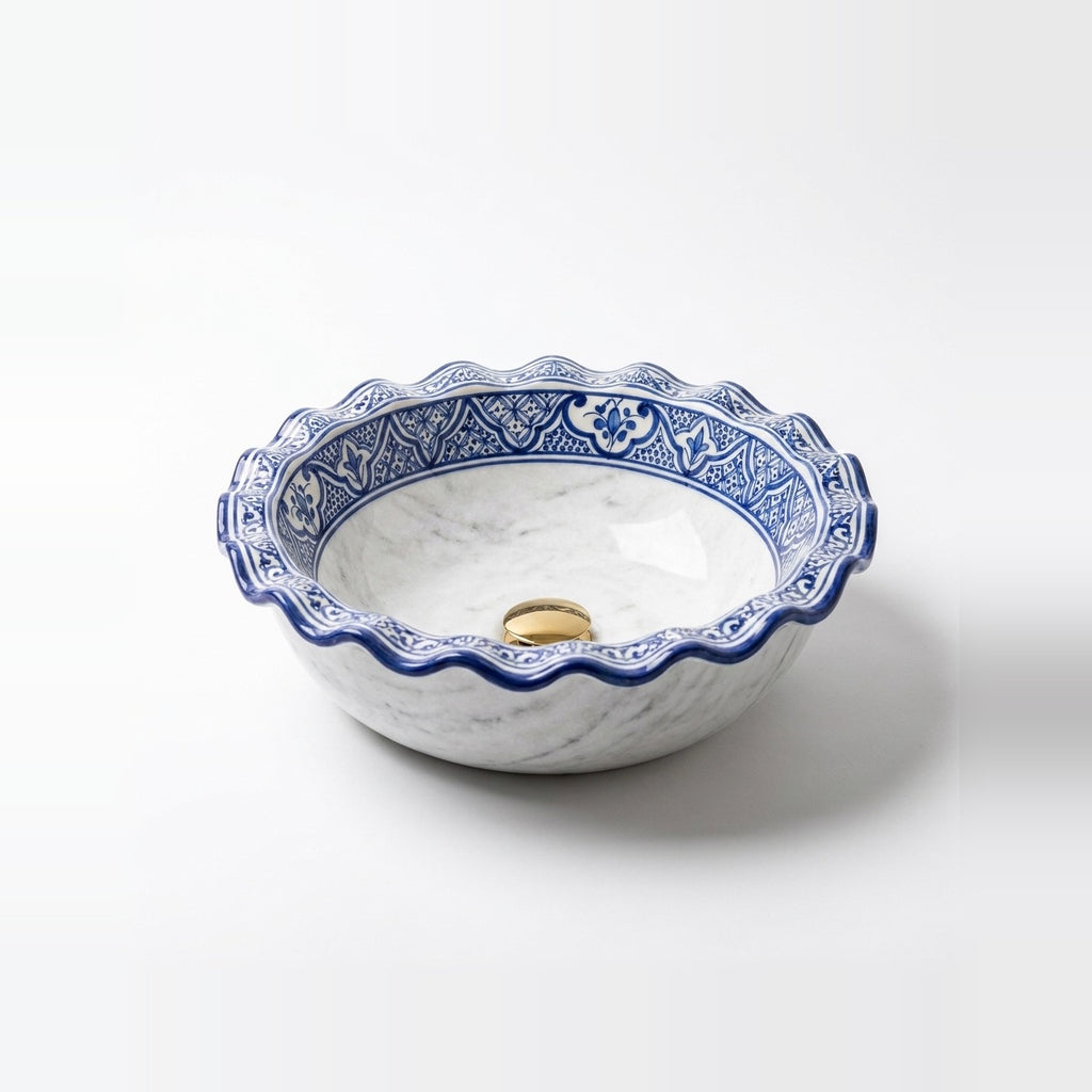 Marble and Blue Wave Moroccan ceramic vessel sink - marble-look basin with blue patterned wavy rim and gold drain