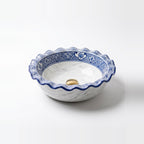 Marble and Blue Wave Moroccan ceramic vessel sink - marble-look basin with blue patterned wavy rim and gold drain