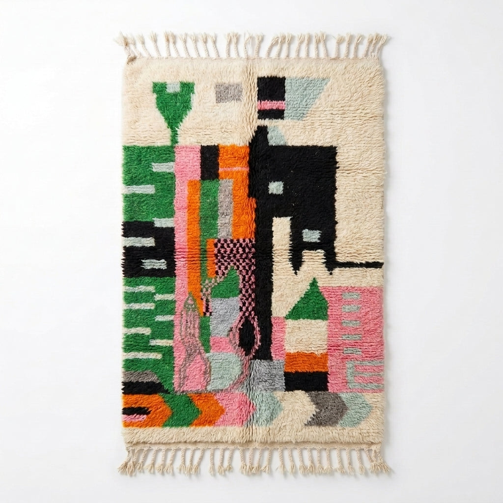 Meadow Confetti Azilal rug, handwoven wool with green, pink, orange and black motifs, flat lay top view