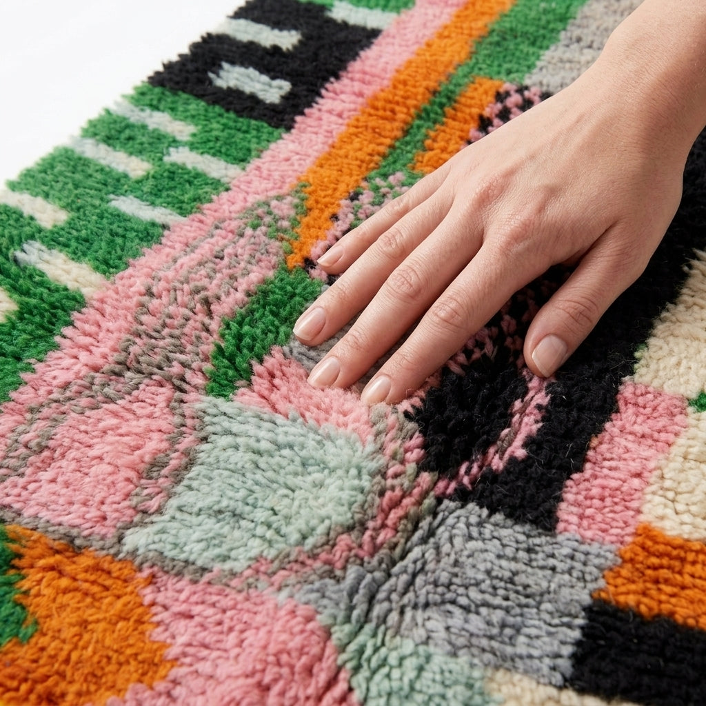 Meadow Confetti Azilal rug — hand resting on the soft wool pile