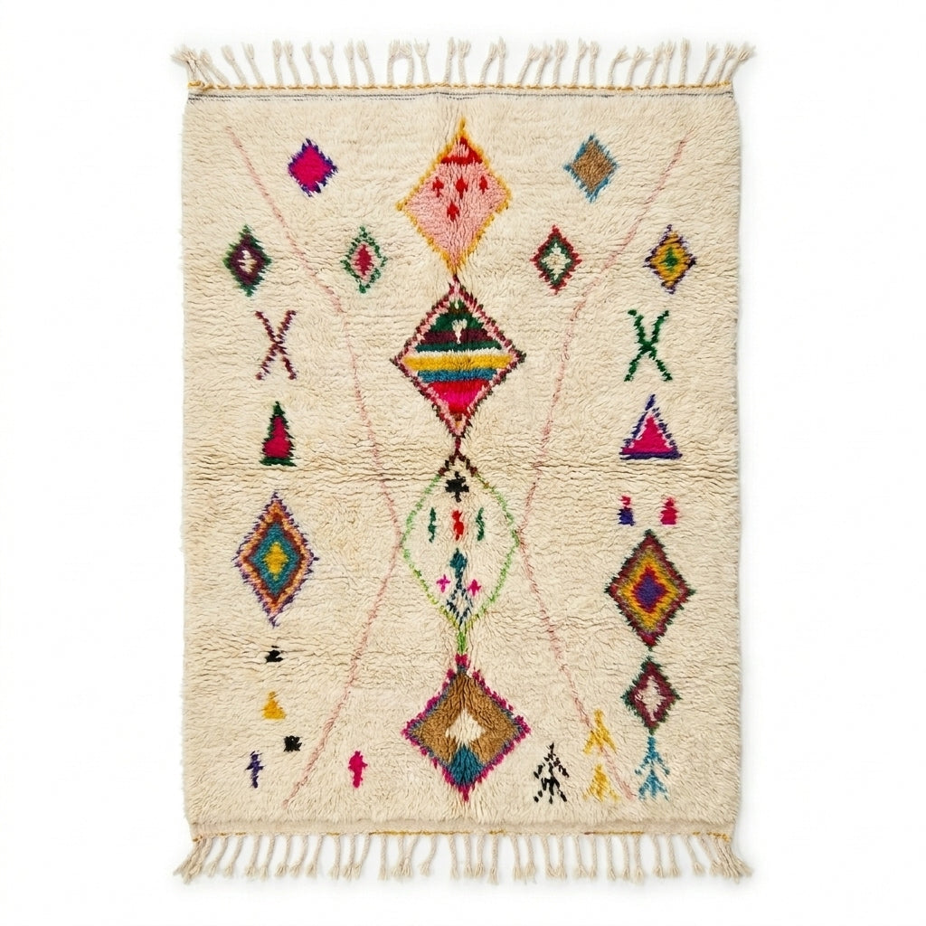 Neon Diamonds Azilal rug, handwoven wool with bright pink, teal, orange and green diamonds, flat lay top view