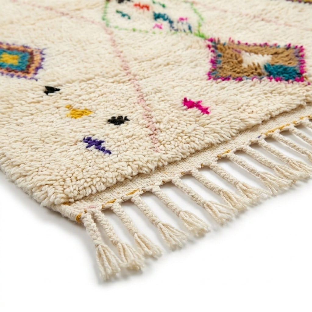 Neon Diamonds Azilal rug — hand-knotted fringe detail close-up