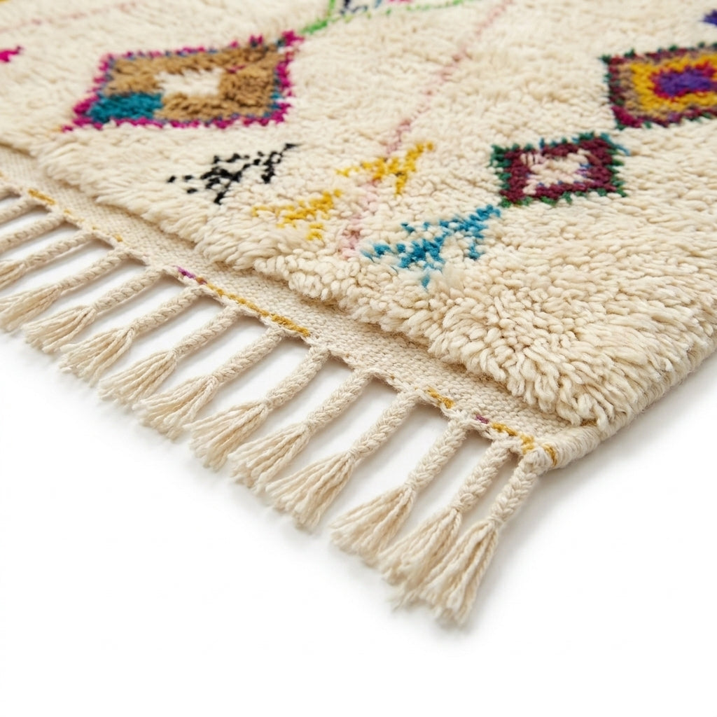 Neon Diamonds Azilal rug — hand-knotted fringe detail close-up