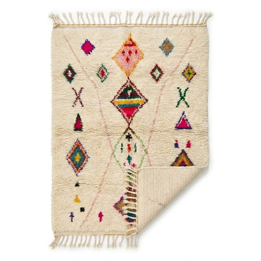 Neon Diamonds Azilal rug — folded corner showing plush pile depth