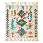 Oasis Trees Azilal rug, handwoven wool with vivid teal, green, pink and orange diamonds and trees, flat lay top view