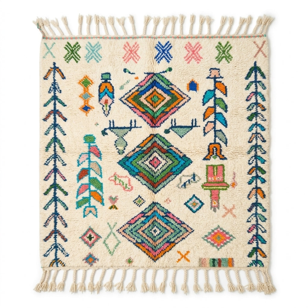 Oasis Trees Azilal rug, handwoven wool with vivid teal, green, pink and orange diamonds and trees, flat lay top view