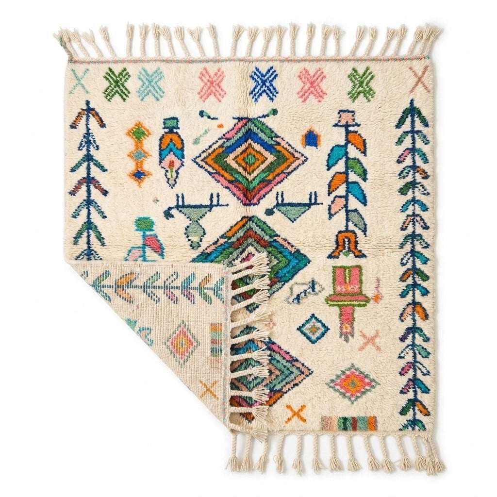 Oasis Trees Azilal rug — folded corner showing plush pile depth