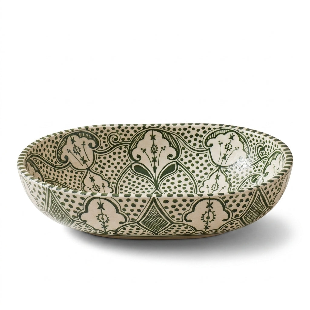Olive Fessi Moroccan ceramic sink - side angle showing green painted exterior
