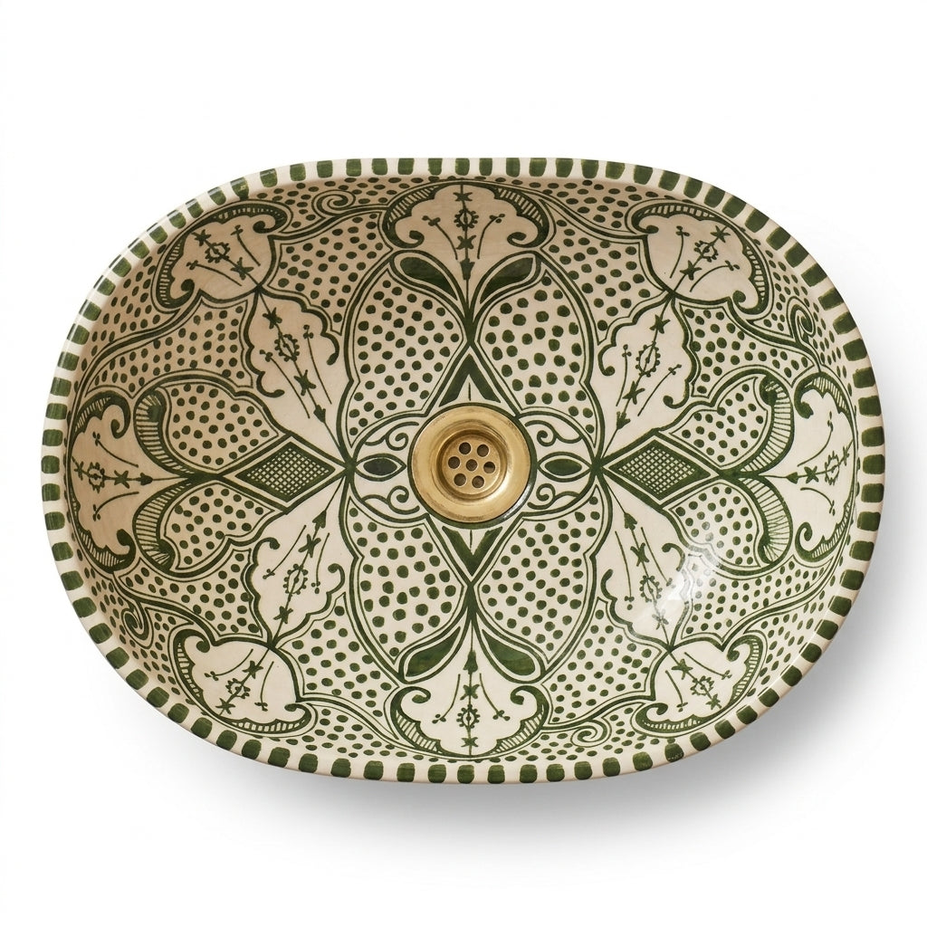 Olive Fessi Moroccan ceramic sink - top view of olive green Fessi basin