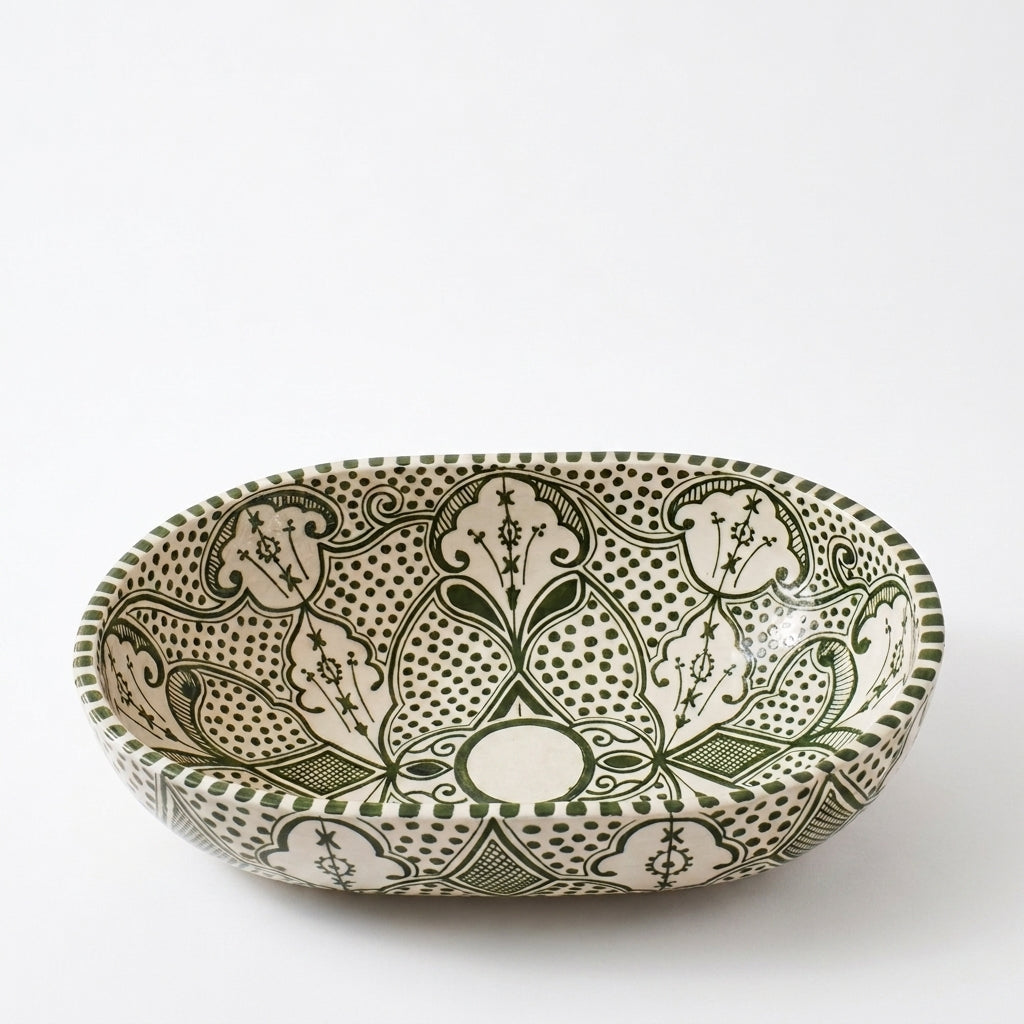 Olive Fessi Moroccan ceramic sink - angled view of oval basin