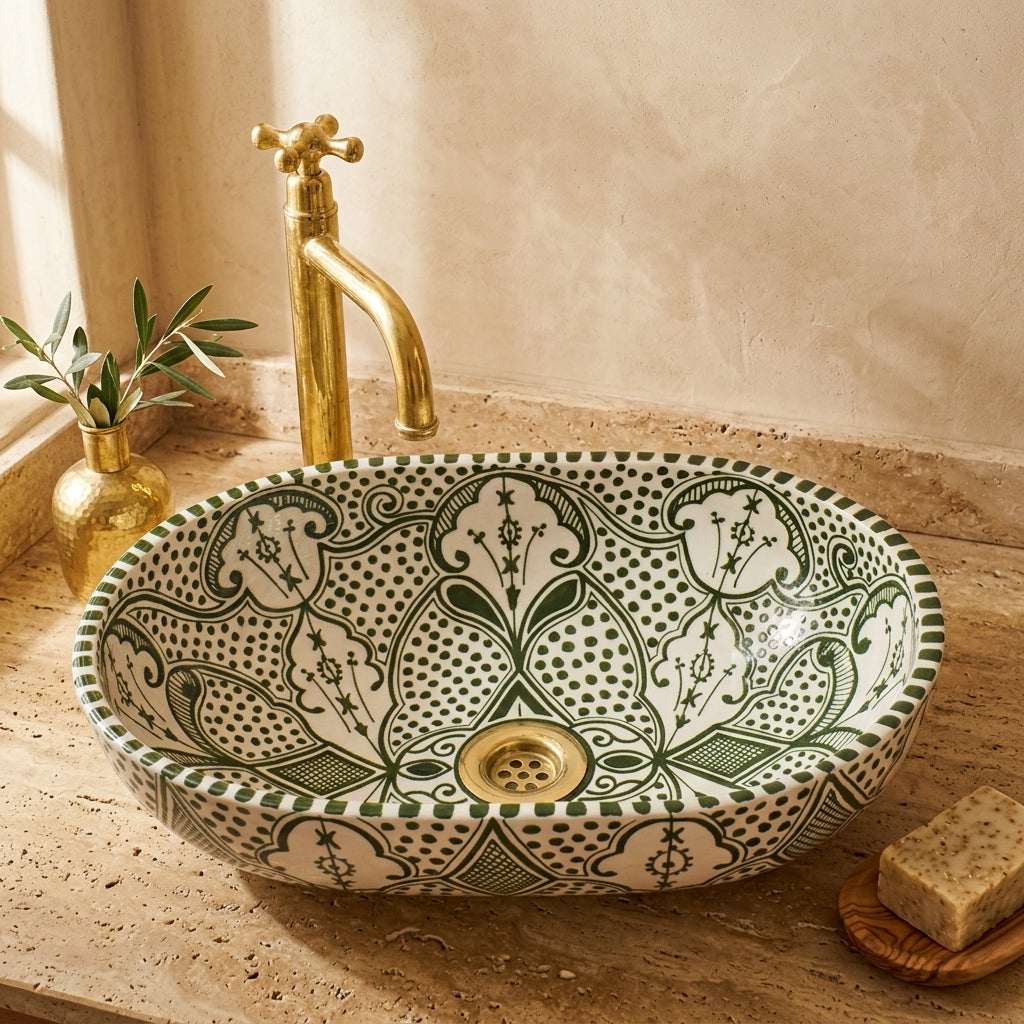 Olive Fessi Moroccan ceramic vessel sink styled on a bathroom counter in a Moroccan-inspired setting