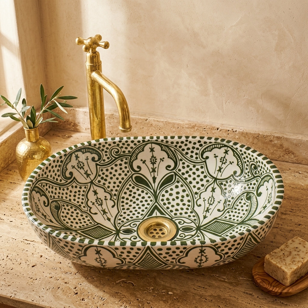 Olive Fessi Moroccan ceramic vessel sink styled on a bathroom counter in a Moroccan-inspired setting