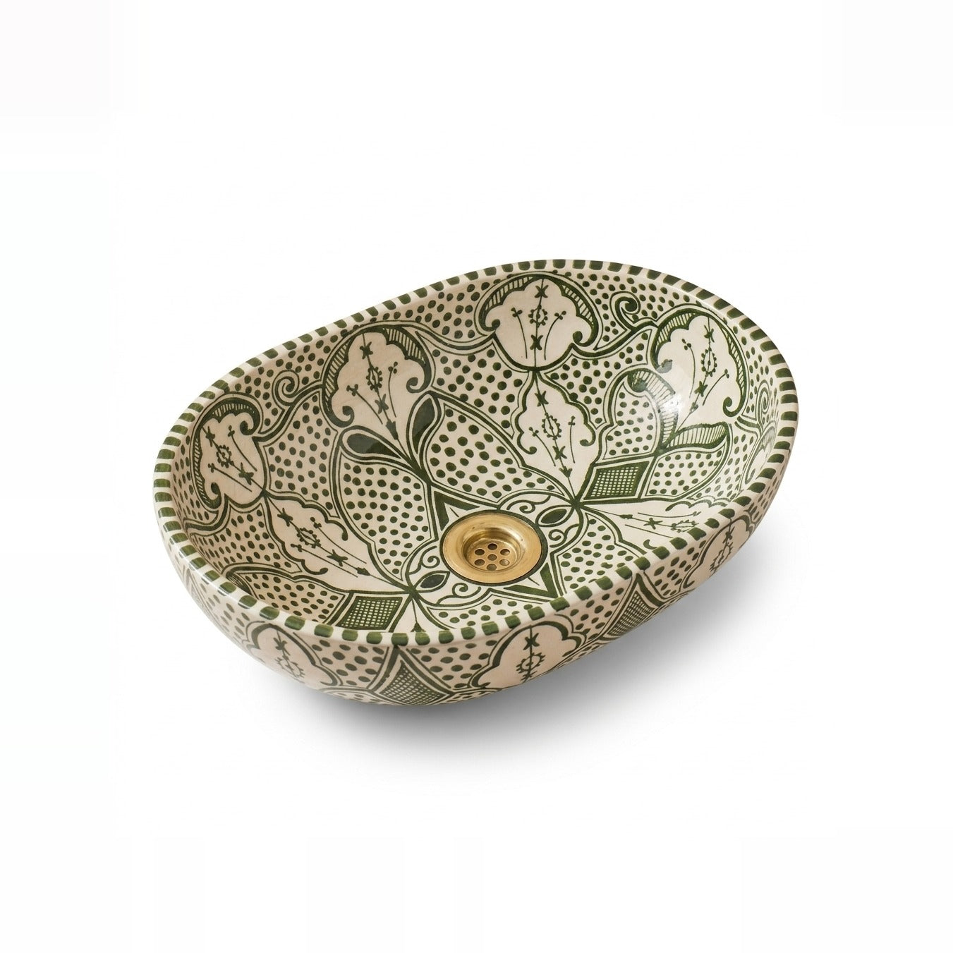 Olive Fessi Moroccan ceramic vessel sink - dense olive green pattern with striped rim and brass drain
