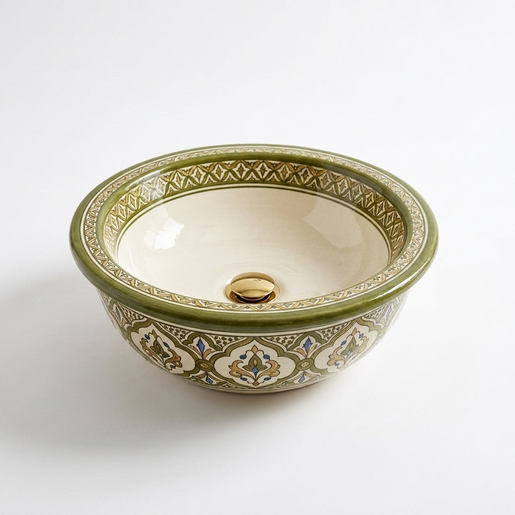 Olive and Ivory Classic Moroccan ceramic sink - detail of diamond band rim