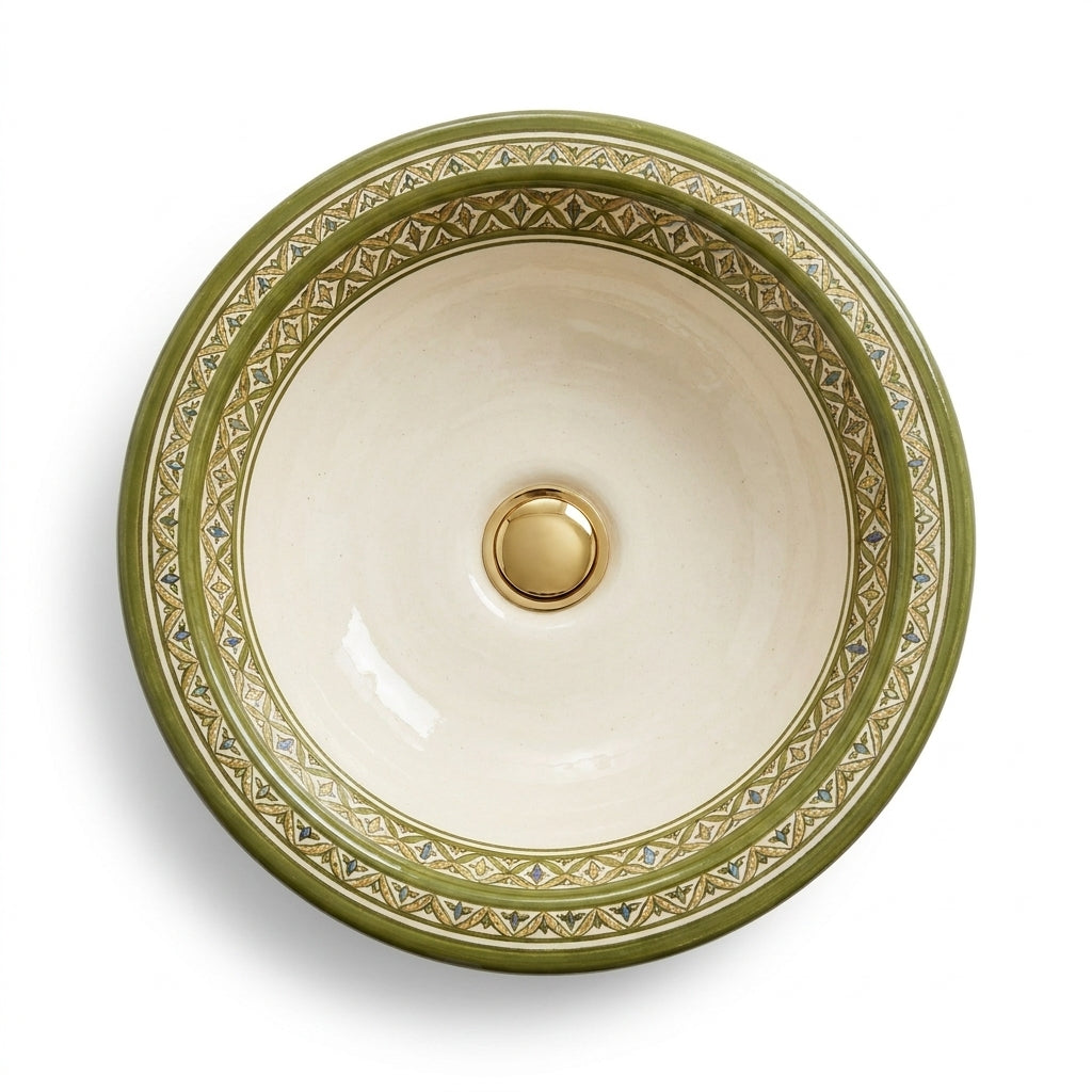 Olive and Ivory Classic Moroccan ceramic sink - side view of arabesque medallions