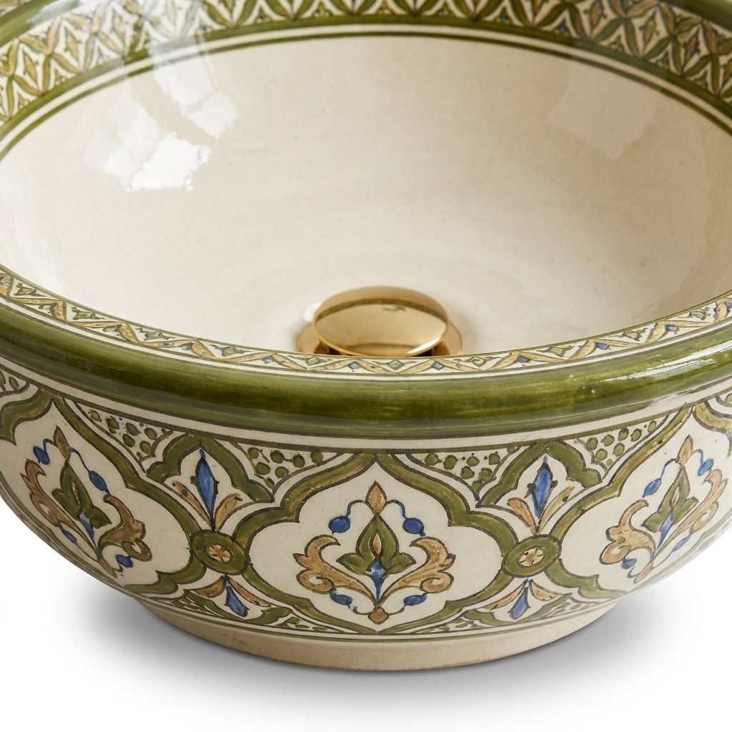 Olive and Ivory Classic Moroccan ceramic sink - top view