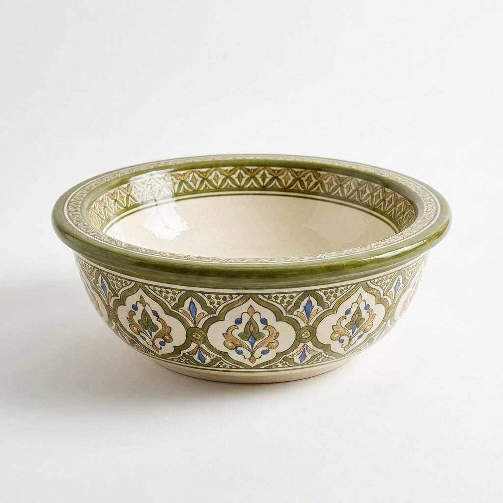 Olive and Ivory Classic Moroccan ceramic sink - exterior pattern view