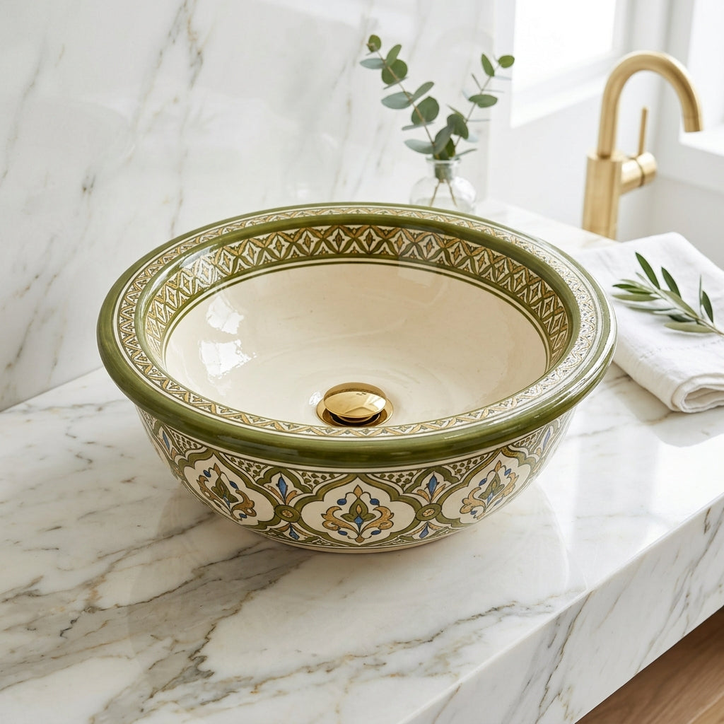Olive and Ivory Classic Moroccan ceramic vessel sink - full view with gold dome drain