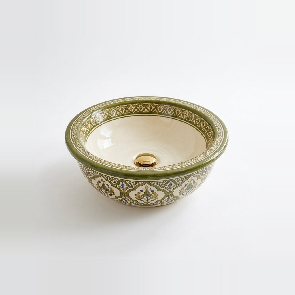 Olive and Ivory Classic Moroccan ceramic vessel sink - ivory basin with olive rolled rim and arabesque exterior