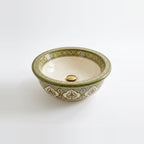 Olive and Ivory Classic Moroccan ceramic vessel sink - ivory basin with olive rolled rim and arabesque exterior
