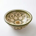 Olive Lotus Moroccan ceramic sink - angled view of lotus panels