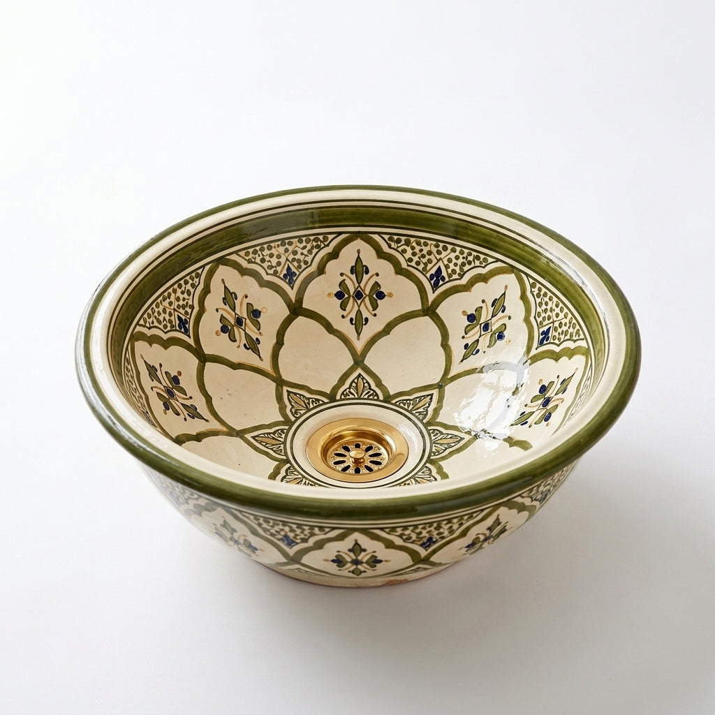 Olive Lotus Moroccan ceramic sink - angled view of lotus panels