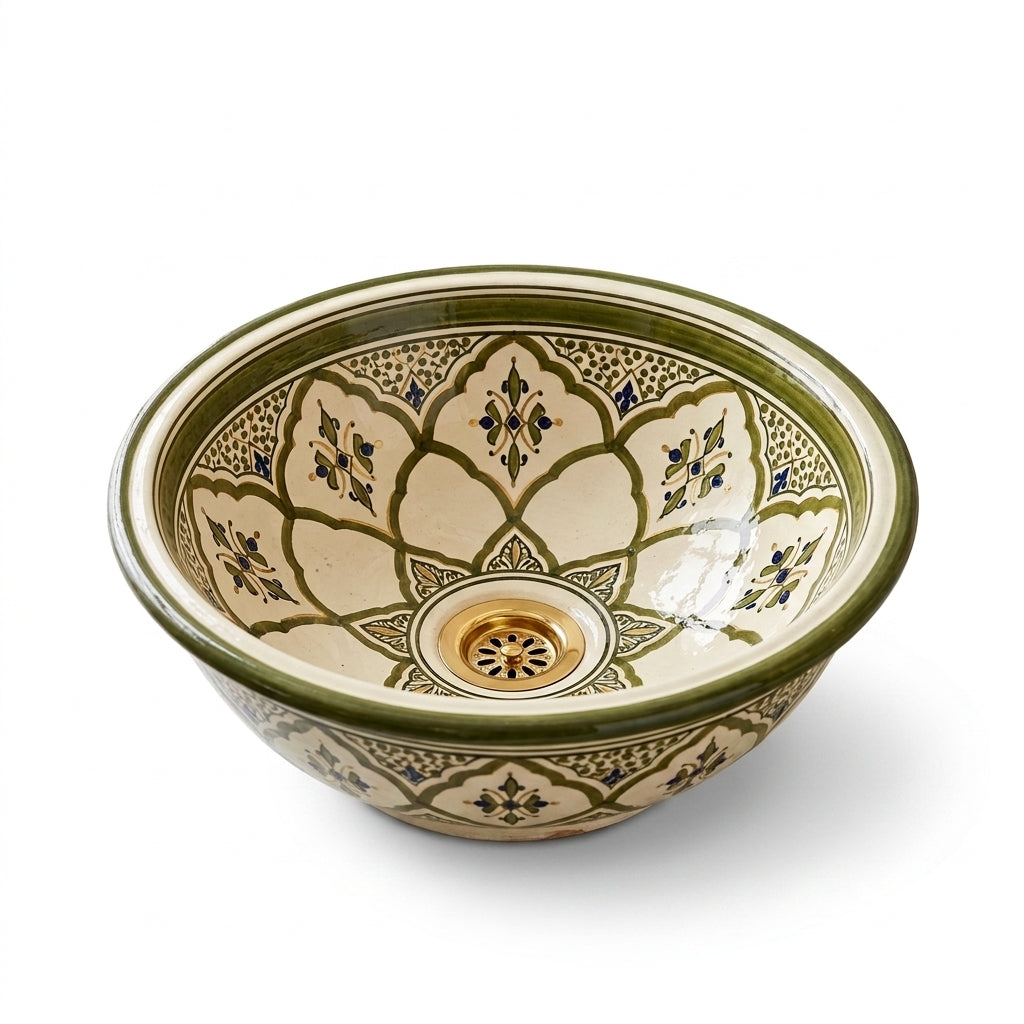 Olive Lotus Moroccan ceramic sink - side view