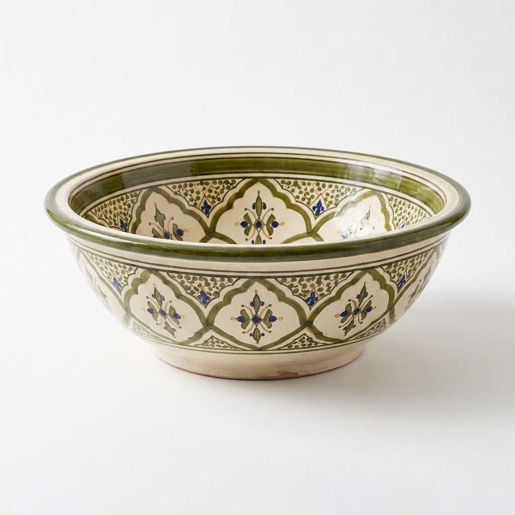 Olive Lotus Moroccan ceramic sink - top view of floral sprigs