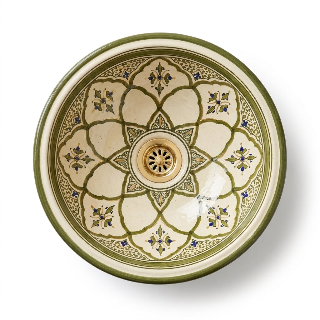 Olive Lotus Moroccan ceramic sink - detail view