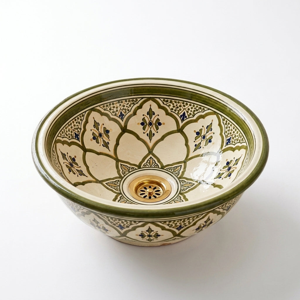 Olive Lotus Moroccan ceramic sink - studio product photograph