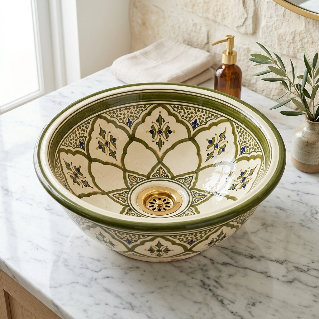 Olive Lotus Moroccan ceramic vessel sink - full view with olive rim