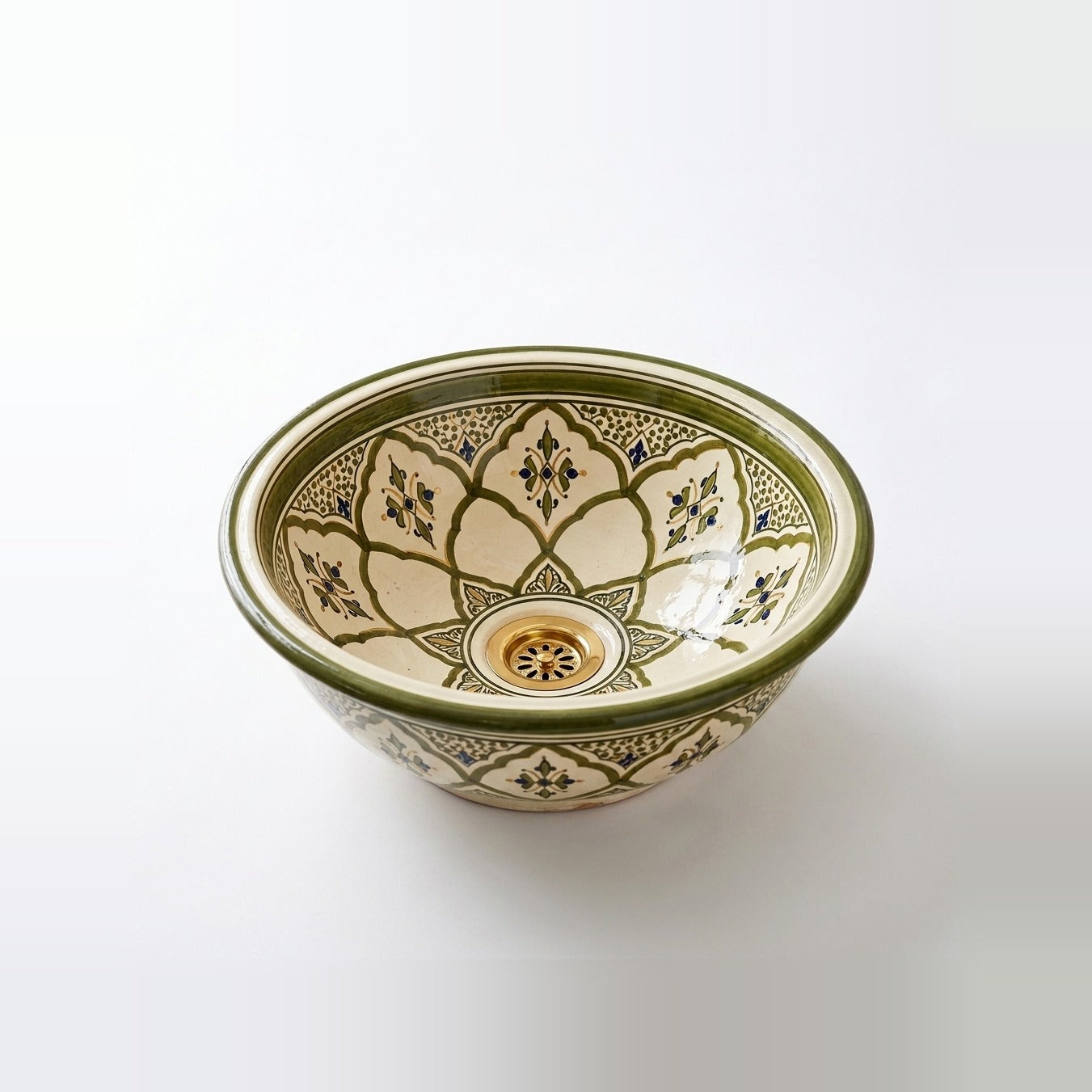 Olive Lotus Moroccan ceramic vessel sink - cream basin with olive lotus arch panels and floral sprigs